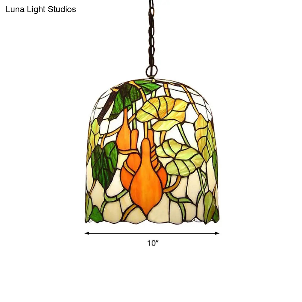 Green Cut Glass Bell Pendant Lamp With Grape/Leaf Pattern