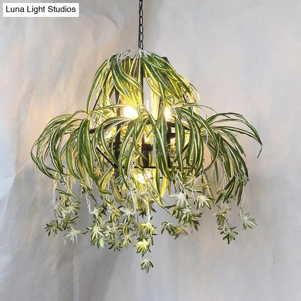Green Farmhouse Chandelier: Circular Cage Pendant Light With 5 Bulbs And Flower Decor