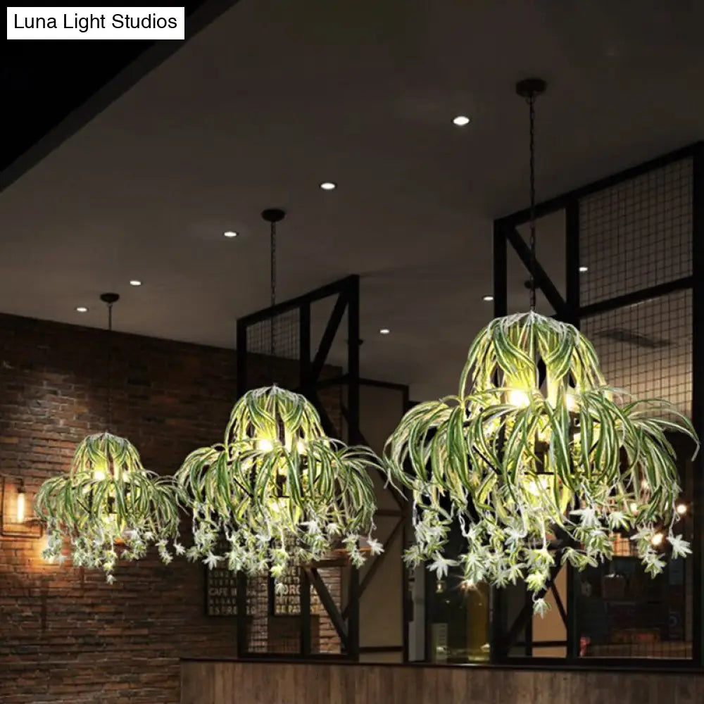 Green Iron Pendant Chandelier: Farm Circular Cage Light With Flower Decor 5 Bulbs