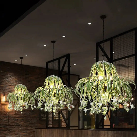 Green Farmhouse Chandelier: Circular Cage Pendant Light With 5 Bulbs And Flower Decor