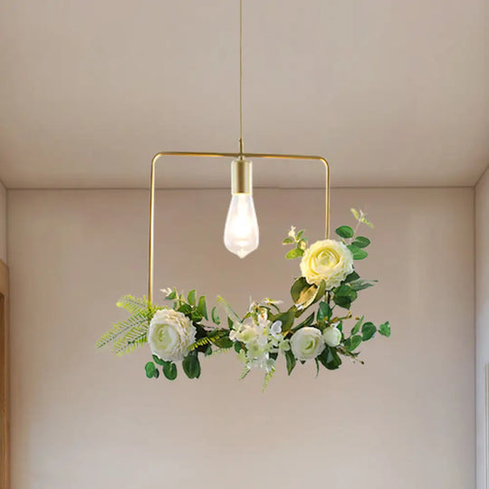 Green Farmhouse Fake Floral Ceiling Lamp: 1-Light Metallic Pendant With Triangle/Square/Linear