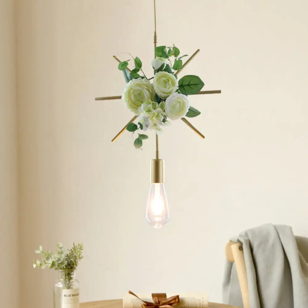 Green Farmhouse Fake Floral Ceiling Lamp: 1-Light Metallic Pendant With Triangle/Square/Linear