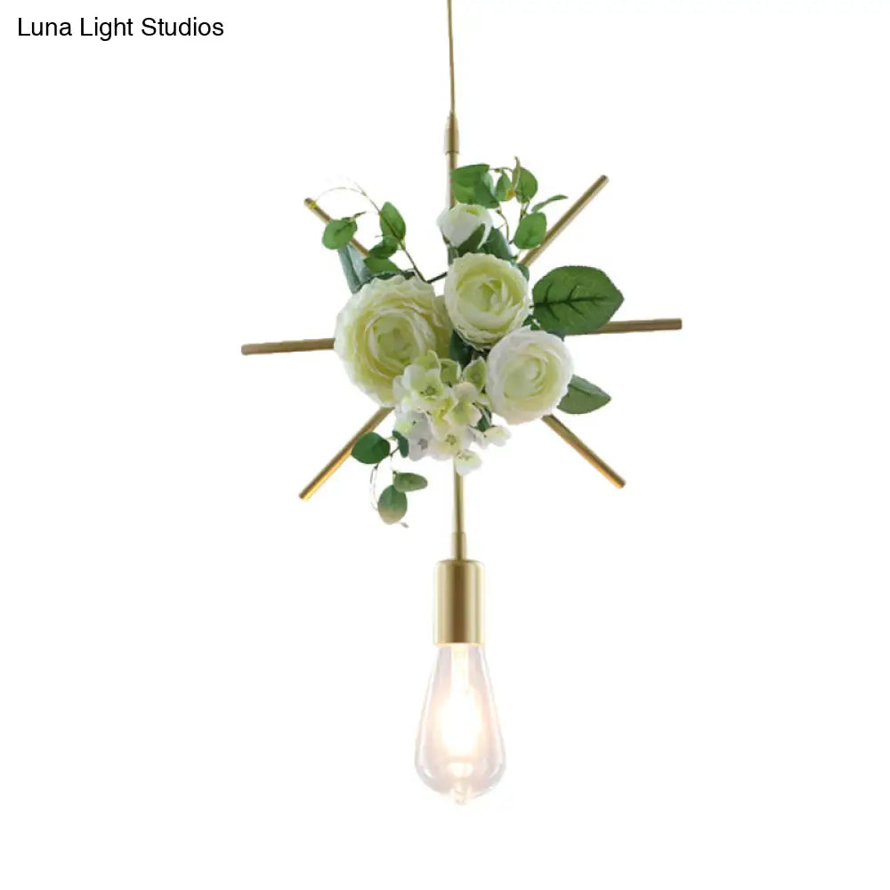 Rustic Green 1-Light Metallic Pendant Ceiling Lamp With Fake Floral Design