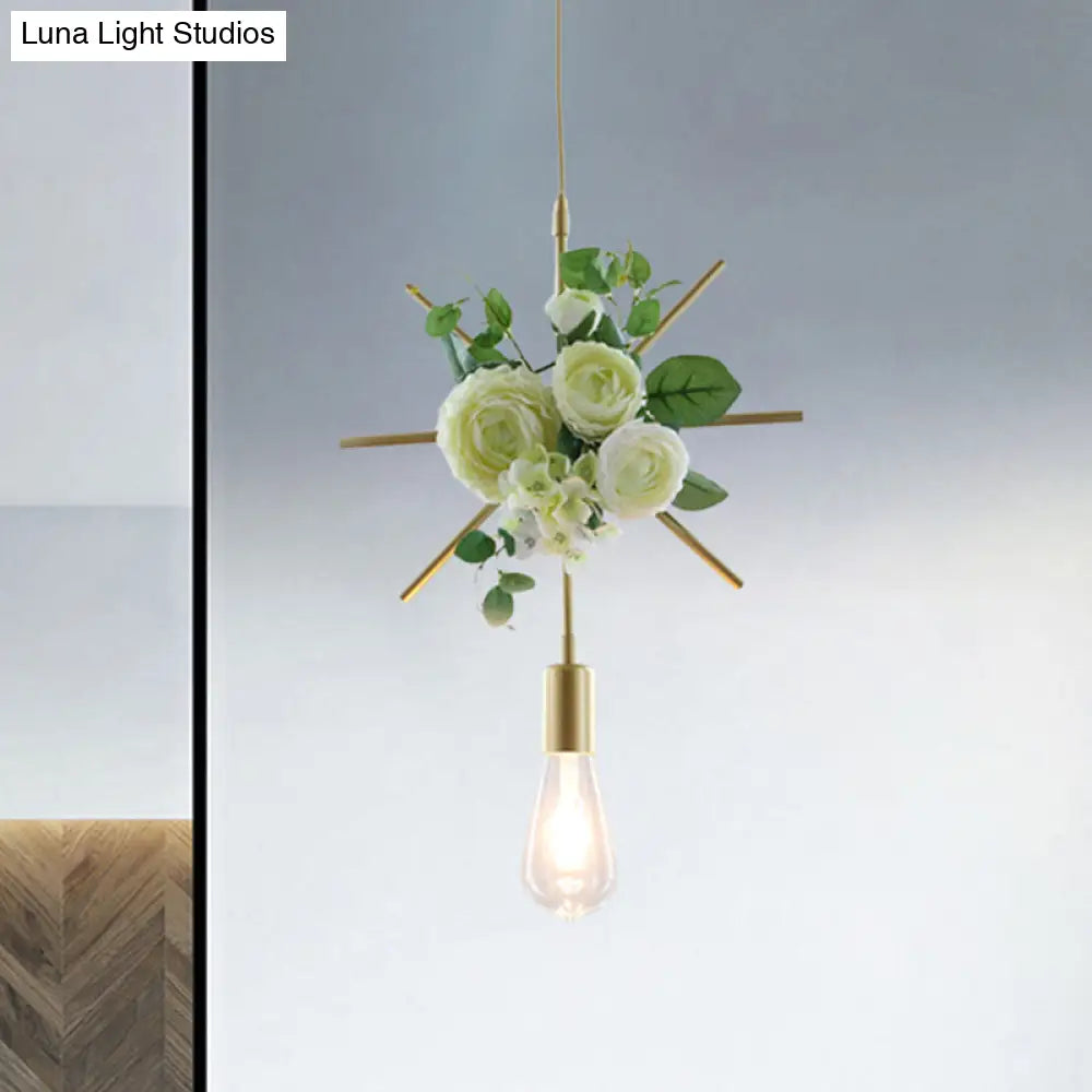 Green Farmhouse Fake Floral Ceiling Lamp: 1-Light Metallic Pendant With Triangle/Square/Linear Frame