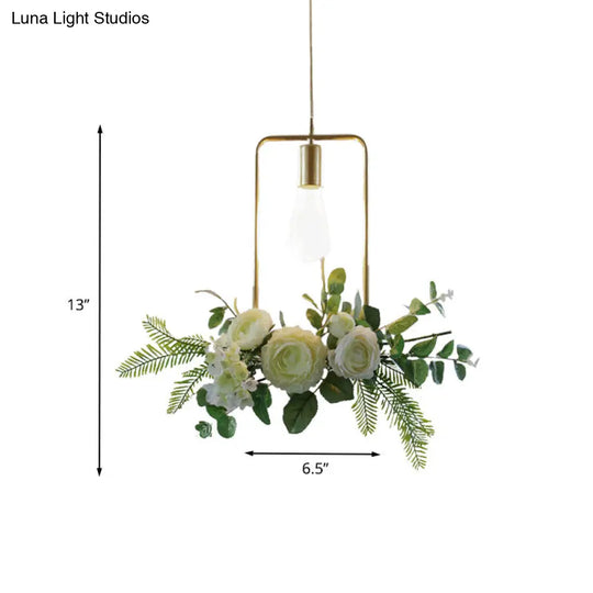 Rustic Green 1-Light Metallic Pendant Ceiling Lamp With Fake Floral Design