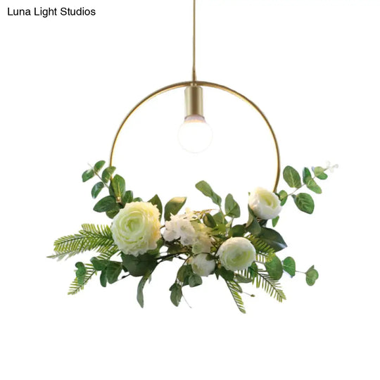 Rustic Green 1-Light Metallic Pendant Ceiling Lamp With Fake Floral Design / Round