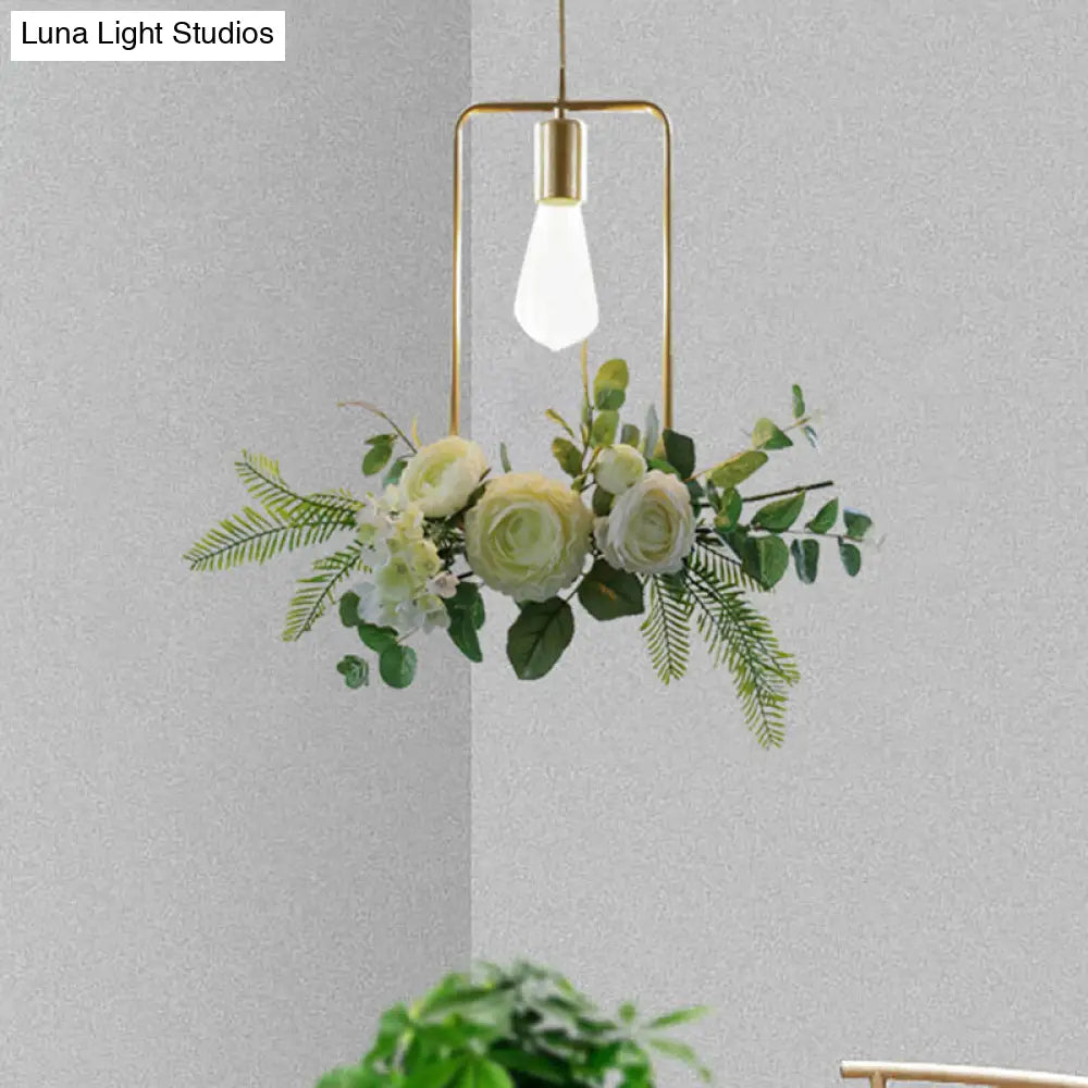 Rustic Green 1-Light Metallic Pendant Ceiling Lamp With Fake Floral Design / Rectangle