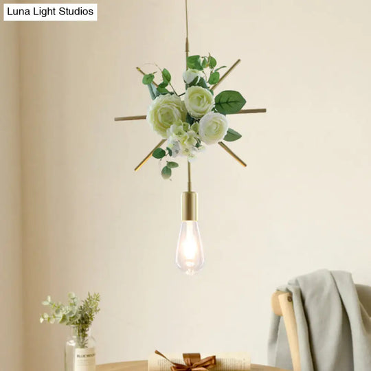 Rustic Green 1-Light Metallic Pendant Ceiling Lamp With Fake Floral Design / Linear