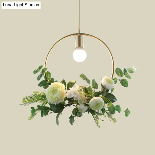 Green Farmhouse Fake Floral Ceiling Lamp: 1-Light Metallic Pendant With Triangle/Square/Linear Frame