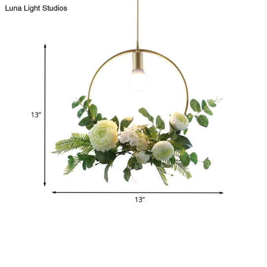 Rustic Green 1-Light Metallic Pendant Ceiling Lamp With Fake Floral Design