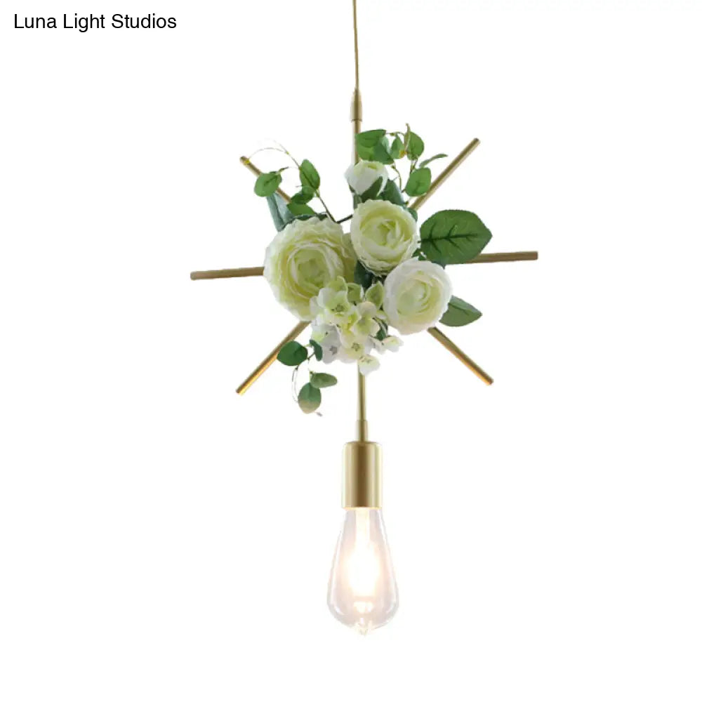 Green Farmhouse Fake Floral Ceiling Lamp: 1-Light Metallic Pendant With Triangle/Square/Linear Frame
