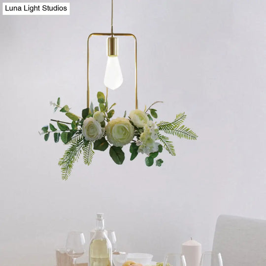 Rustic Green 1-Light Metallic Pendant Ceiling Lamp With Fake Floral Design