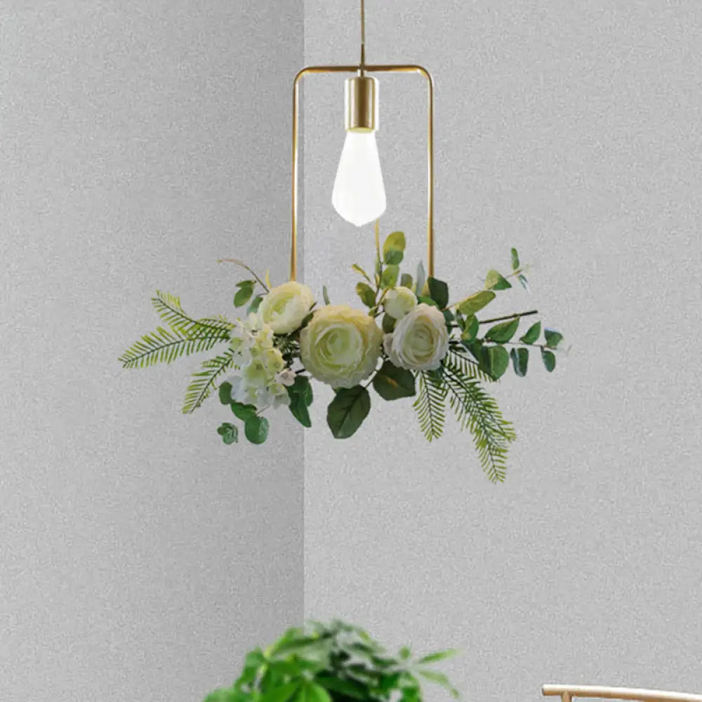 Green Farmhouse Fake Floral Ceiling Lamp: 1-Light Metallic Pendant With Triangle/Square/Linear