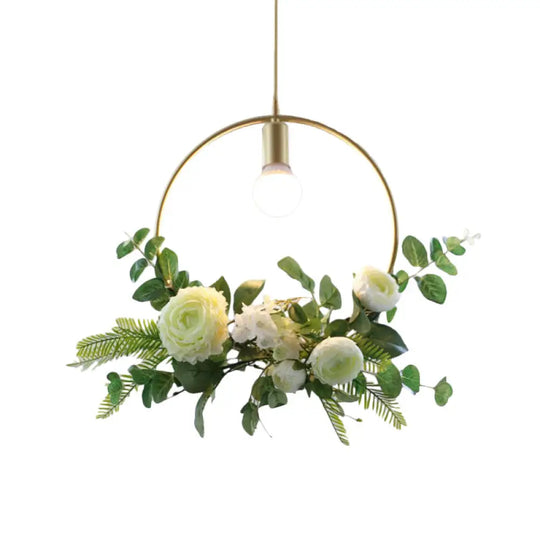 Green Farmhouse Fake Floral Ceiling Lamp: 1-Light Metallic Pendant With Triangle/Square/Linear