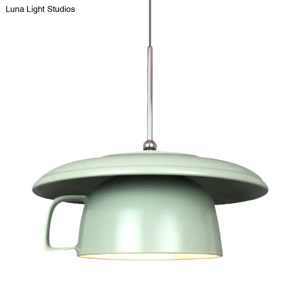 Green Finish Macaron Coffee-Cup Pendant Light: 1-Head Ceramic Led Ceiling Lamp