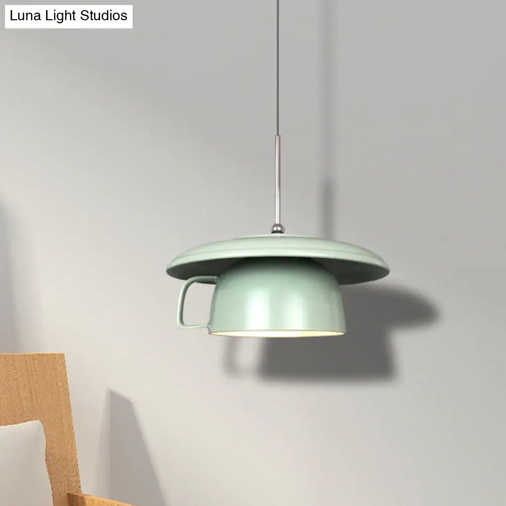 Green Finish Macaron Coffee-Cup Pendant Light: 1-Head Ceramic Led Ceiling Lamp