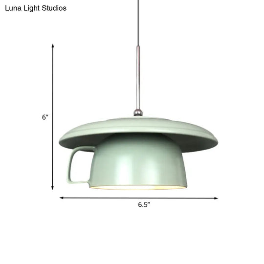 Green Finish Macaron Coffee-Cup Pendant Light: 1-Head Ceramic Led Ceiling Lamp