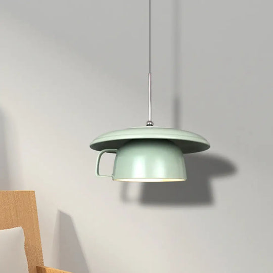 Green Finish Macaron Ceramic Led Pendant Light With Coffee-Cup Design - Hanging Ceiling Lamp