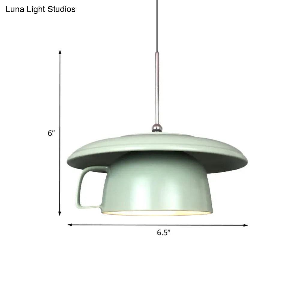 Green Finish Macaron Ceramic Led Pendant Light With Coffee-Cup Design - Hanging Ceiling Lamp