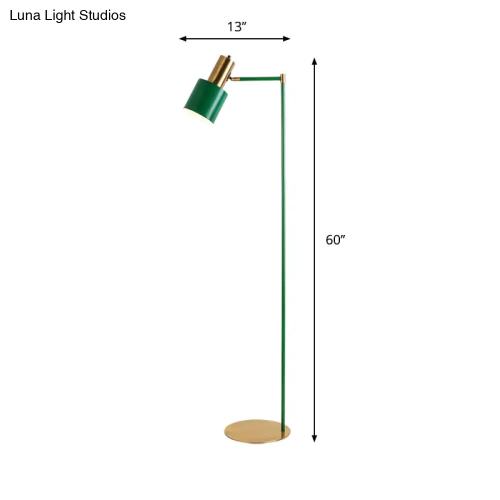 Green Finish Tubular Reading Floor Lamp With Modern Led And Right Angle Arm