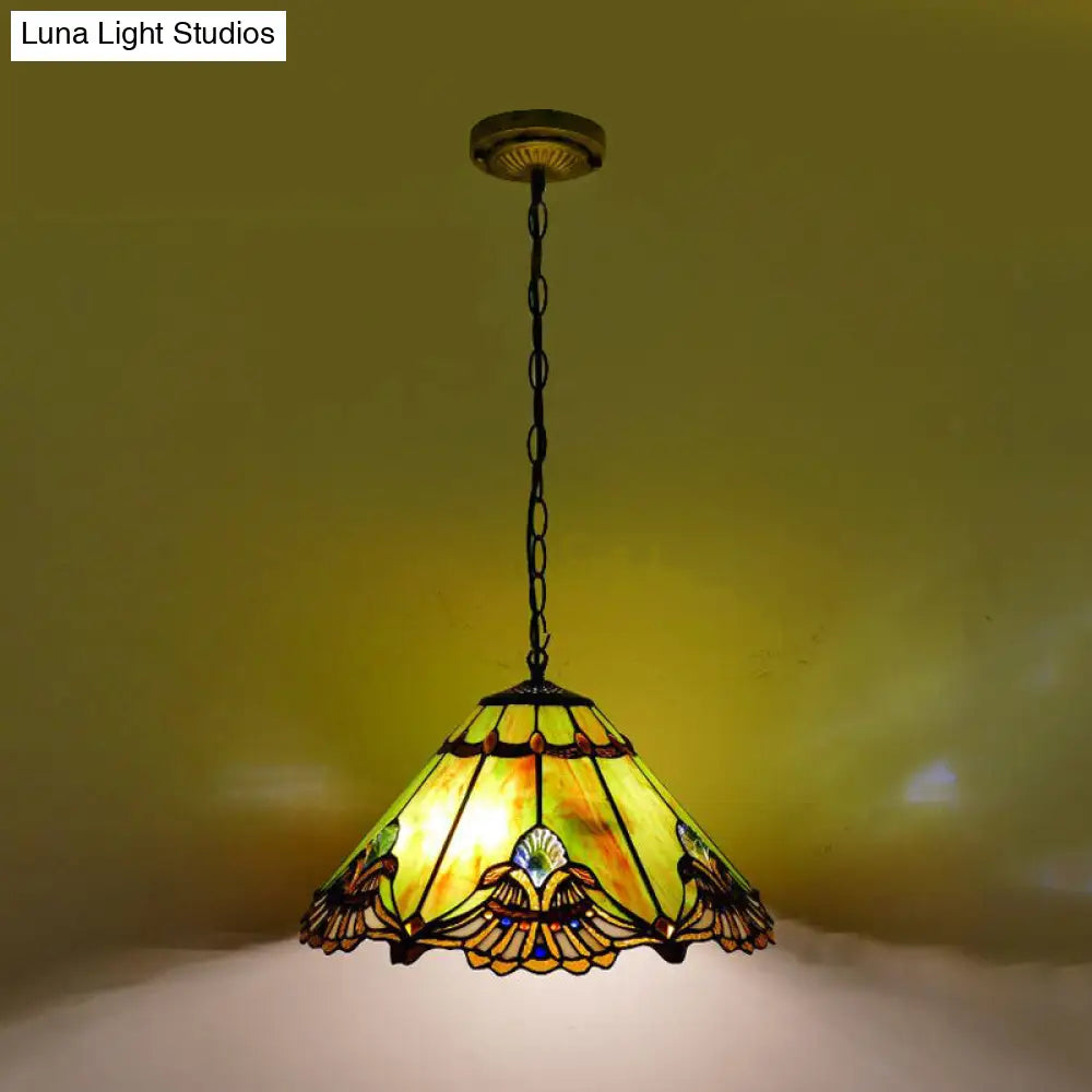 Green Glass Baroque Conical Pendant Light Kit - 1-Light For Dining Room