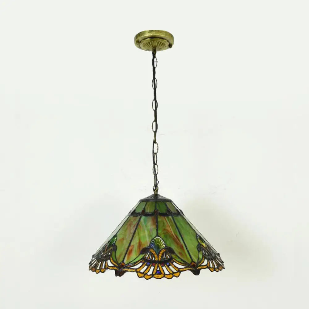 Green Glass Baroque Conical Pendant Light Kit - 1-Light For Dining Room