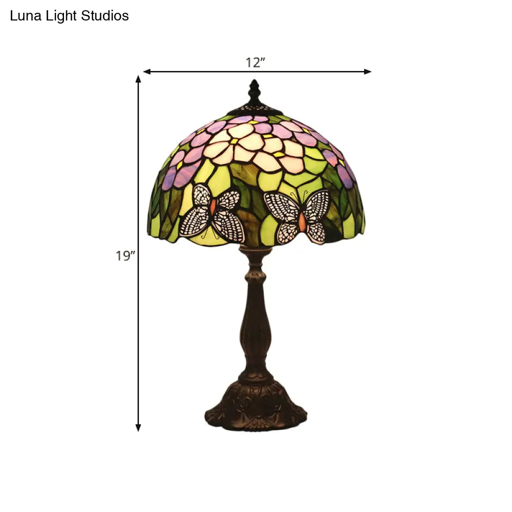 Green Glass Butterfly And Petal Nightstand Lamp With Dome Shade - Hand Cut Mediterranean Table