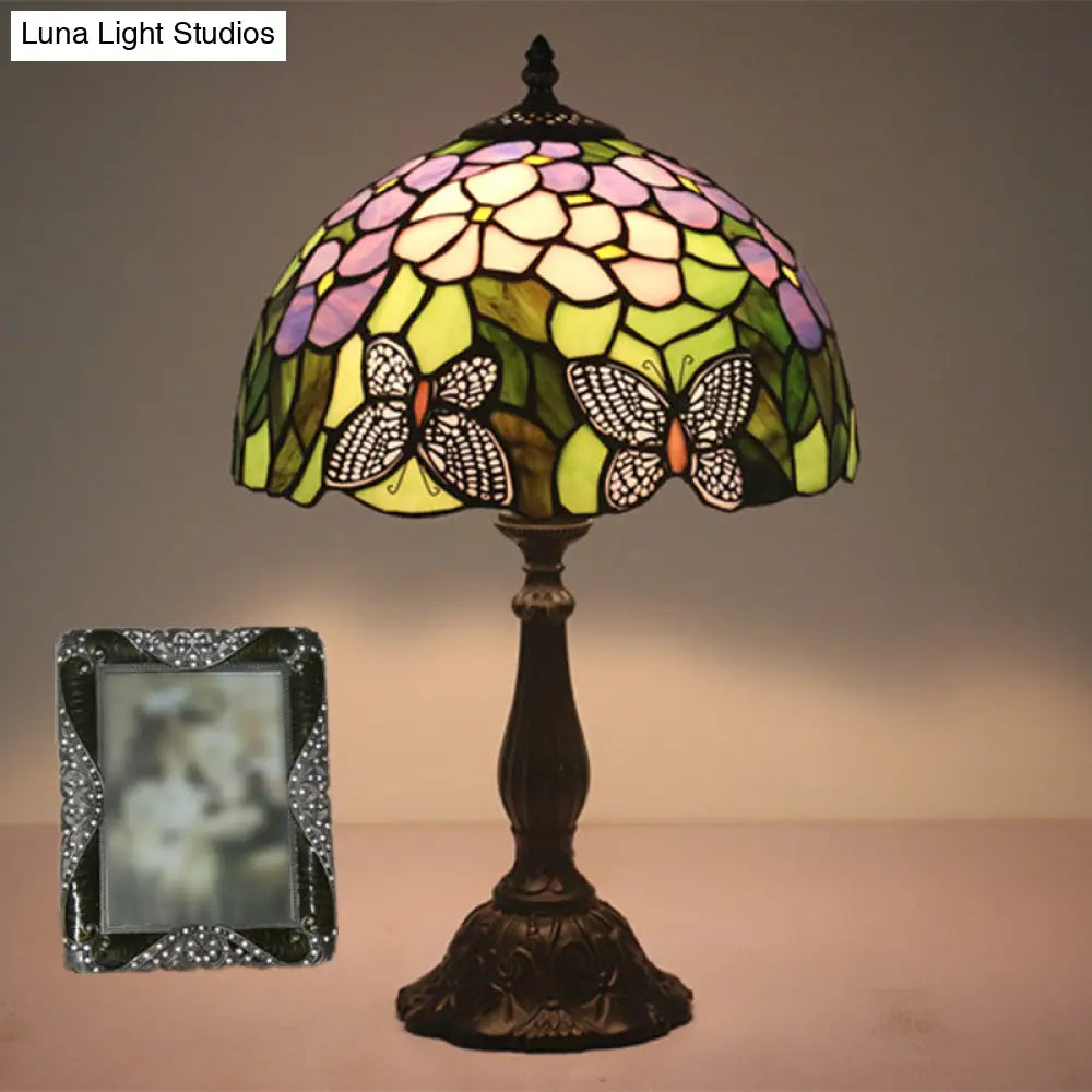 Green Glass Butterfly And Petal Nightstand Lamp With Dome Shade - Hand Cut Mediterranean Table