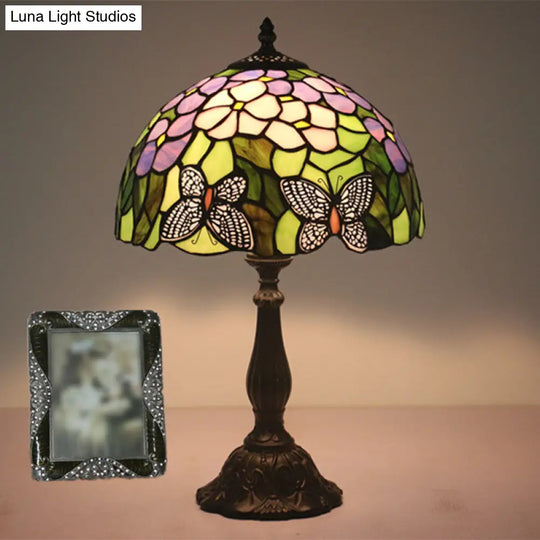 Green Glass Butterfly And Petal Nightstand Lamp With Dome Shade - Hand Cut Mediterranean Table