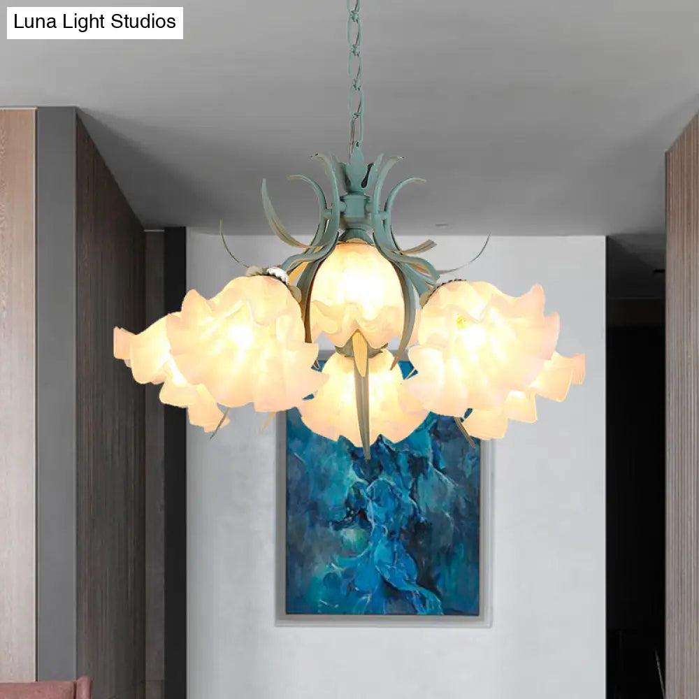 Green Glass Countryside Chandelier: White Hanging Bloom Pendant For Living Room (4/6/9 Lights)