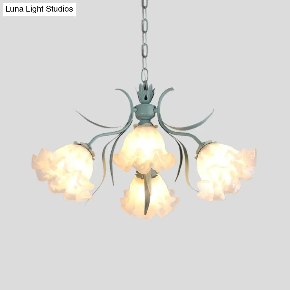 Green Glass Countryside Chandelier: White Hanging Bloom Pendant For Living Room (4/6/9 Lights)