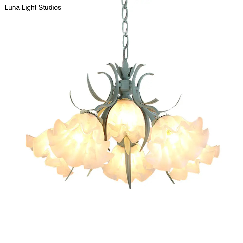 Green Glass Countryside Chandelier: White Hanging Bloom Pendant For Living Room (4/6/9 Lights)