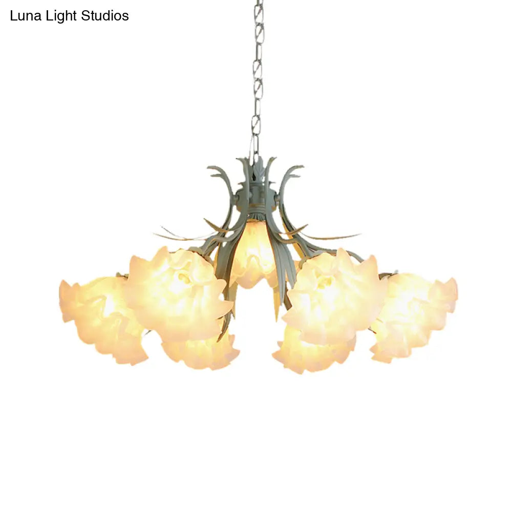 Green Glass Countryside Chandelier: White Hanging Bloom Pendant For Living Room (4/6/9 Lights)