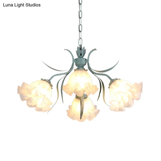 Green Glass Countryside Chandelier: White Hanging Bloom Pendant For Living Room (4/6/9 Lights)