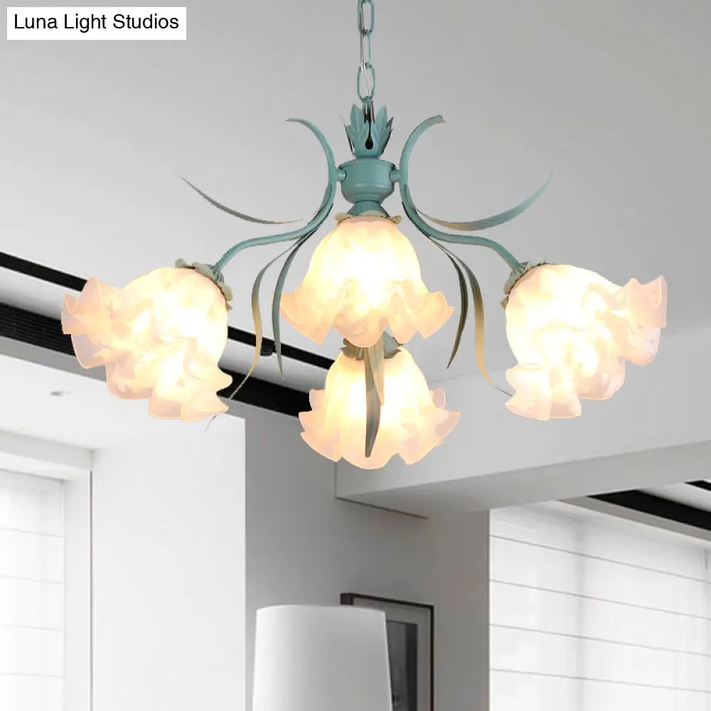 Green Glass Countryside Chandelier: White Hanging Bloom Pendant For Living Room (4/6/9 Lights)