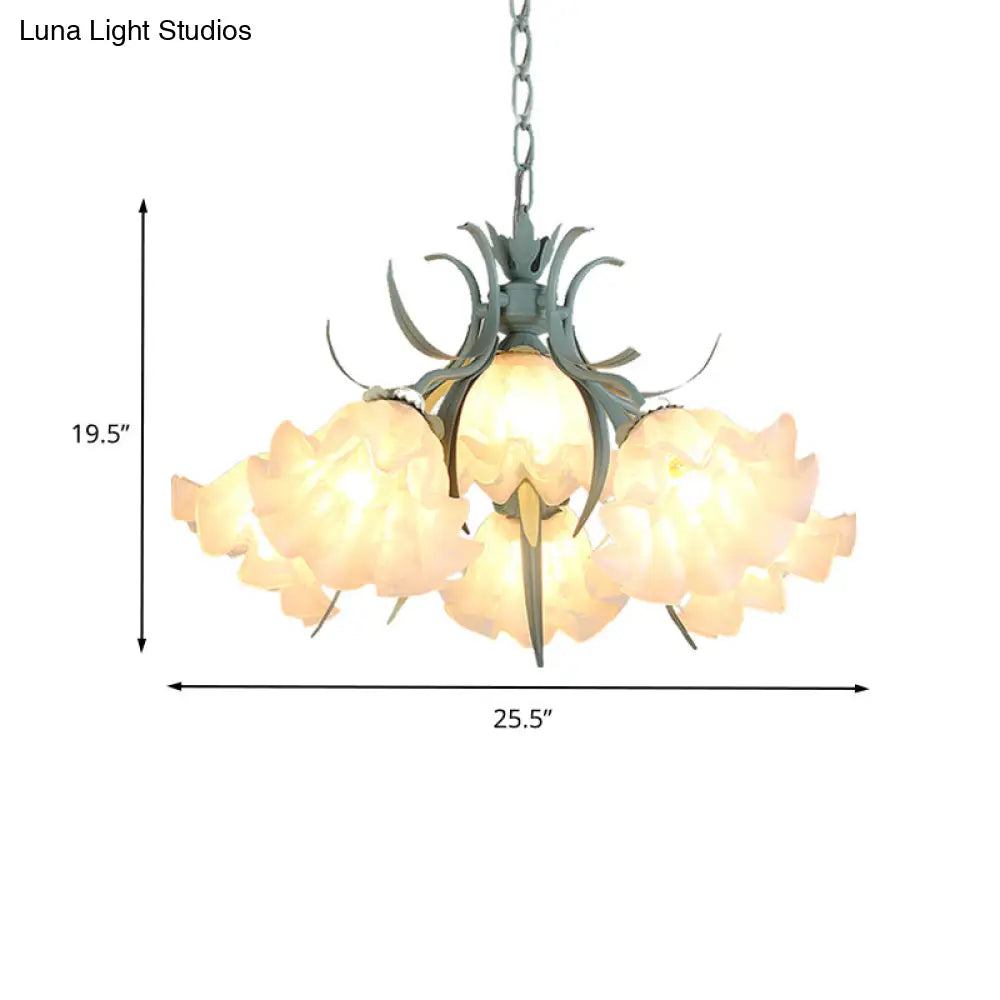 Green Glass Countryside Chandelier: White Hanging Bloom Pendant For Living Room (4/6/9 Lights)