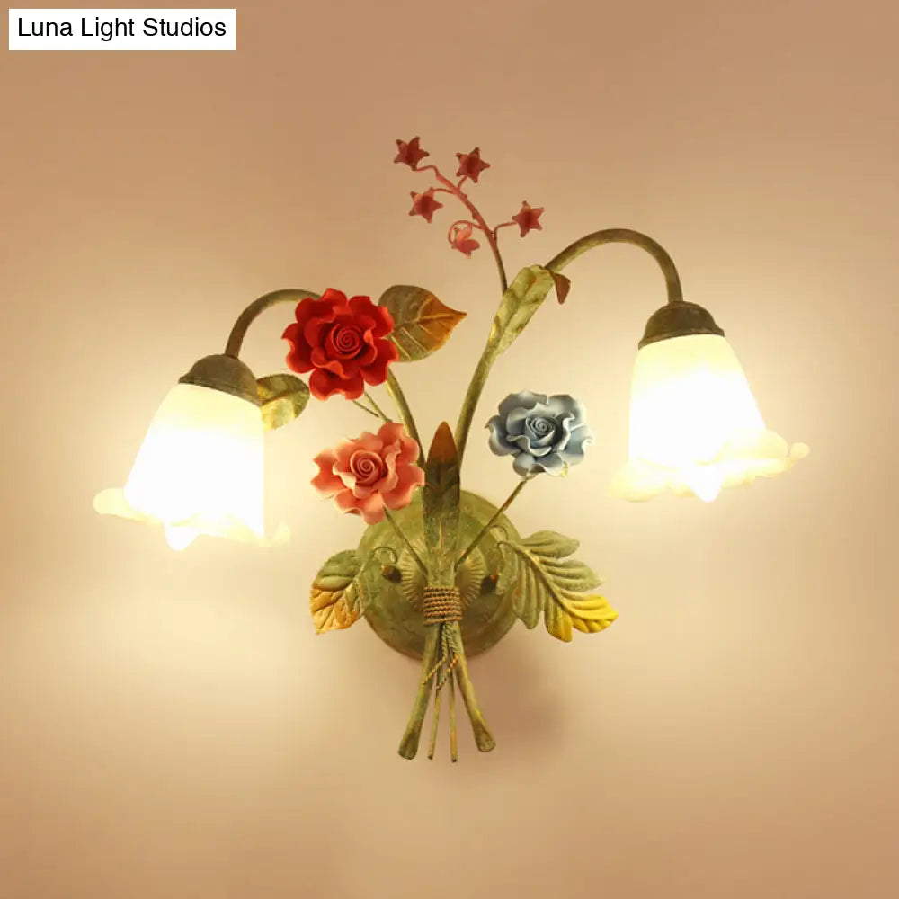 Green Glass Flower Wall Sconce With Curved Arm - Korean Garden Lamp