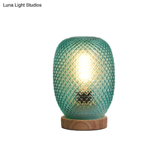 Green Glass Pineapple Night Table Lamp With Wood Base For Bedside Reading