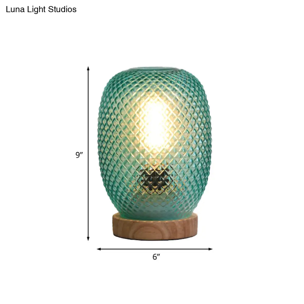 Green Glass Pineapple Night Table Lamp With Wood Base For Bedside Reading