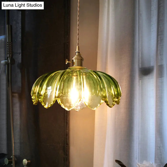 Green Glass Scalloped Shade Pendant Retro 1 Bulb Open Kitchen Hanging Ceiling Light In Brass