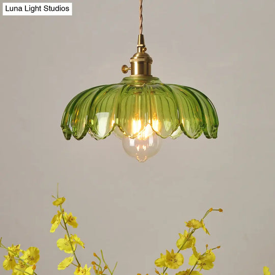 Green Glass Scalloped Shade Pendant Retro 1 Bulb Open Kitchen Hanging Ceiling Light In Brass