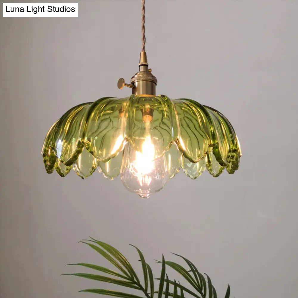 Green Glass Scalloped Shade Pendant Retro 1 Bulb Open Kitchen Hanging Ceiling Light In Brass