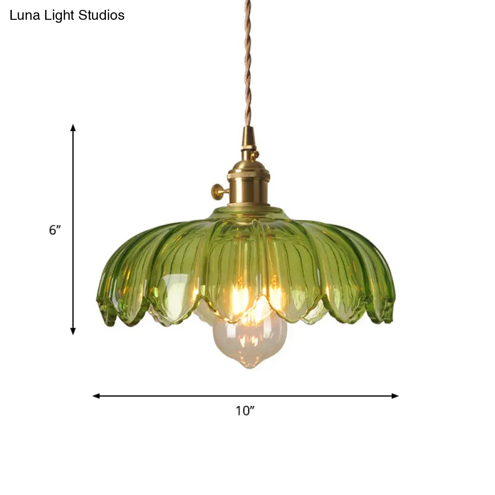 Green Glass Scalloped Shade Pendant Retro 1 Bulb Open Kitchen Hanging Ceiling Light In Brass