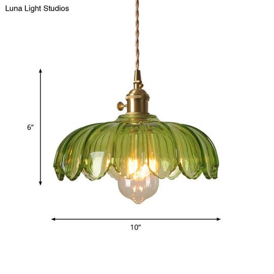 Green Glass Scalloped Shade Pendant Retro 1 Bulb Open Kitchen Hanging Ceiling Light In Brass