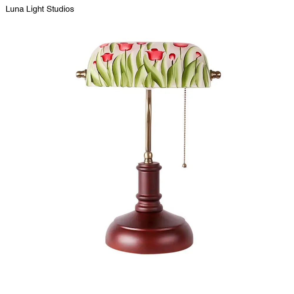 Green Glass Table Lamp - Korean Garden With Red Brown Flower Pattern Pull Chain Ideal For Bedroom