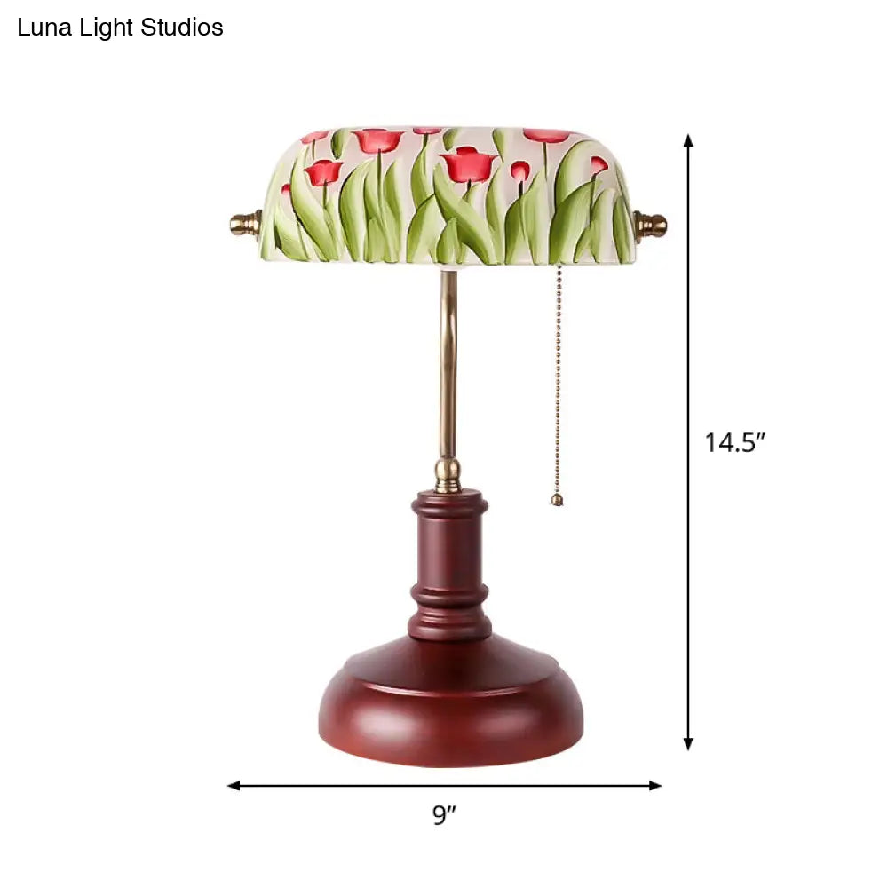 Green Glass Table Lamp - Korean Garden With Red Brown Flower Pattern Pull Chain Ideal For Bedroom