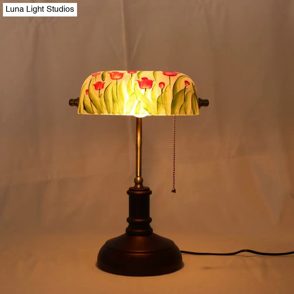 Green Glass Table Lamp - Korean Garden With Red Brown Flower Pattern Pull Chain Ideal For Bedroom