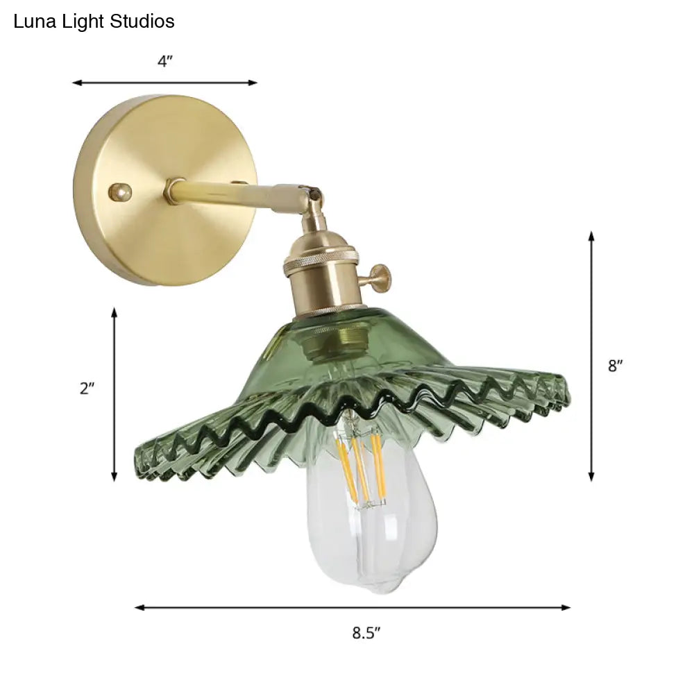 Green Glass Wall Sconce Light With Brass Frame And Scalloped Design - Industrial Style