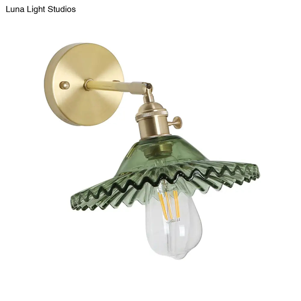 Green Glass Wall Sconce Light With Brass Frame And Scalloped Design - Industrial Style