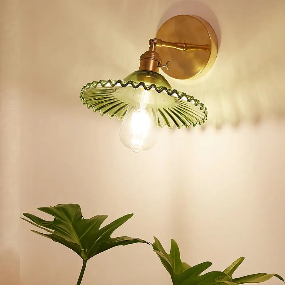 Green Glass Wall Sconce Light With Brass Frame And Scalloped Design - Industrial Style